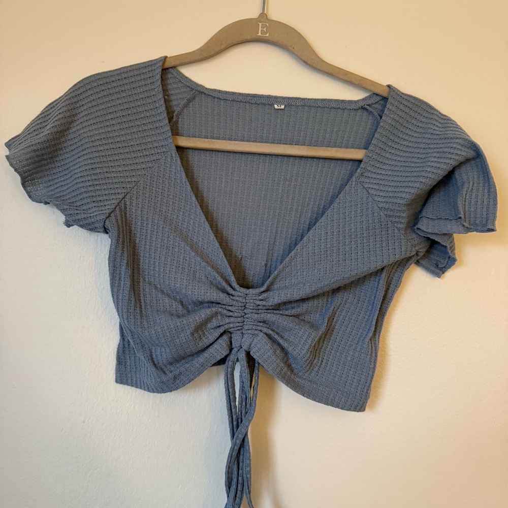 Blue Ribbed cropped Tie-Front Top